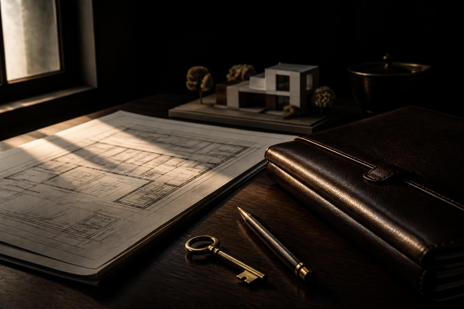 Blueprints, a brass key and a leather folio in warm window light