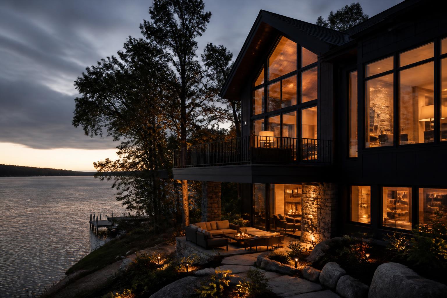 Minnesota lake home at dusk with warm interior light